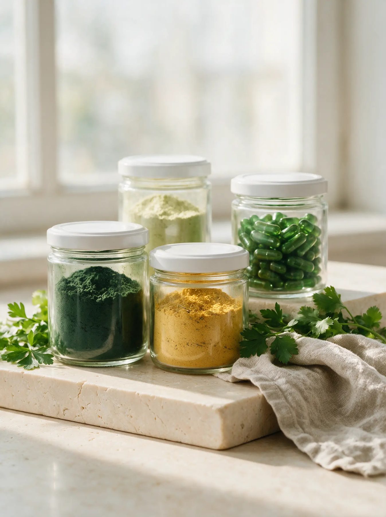 Glass jars of wellness powders and capsules in soft morning light